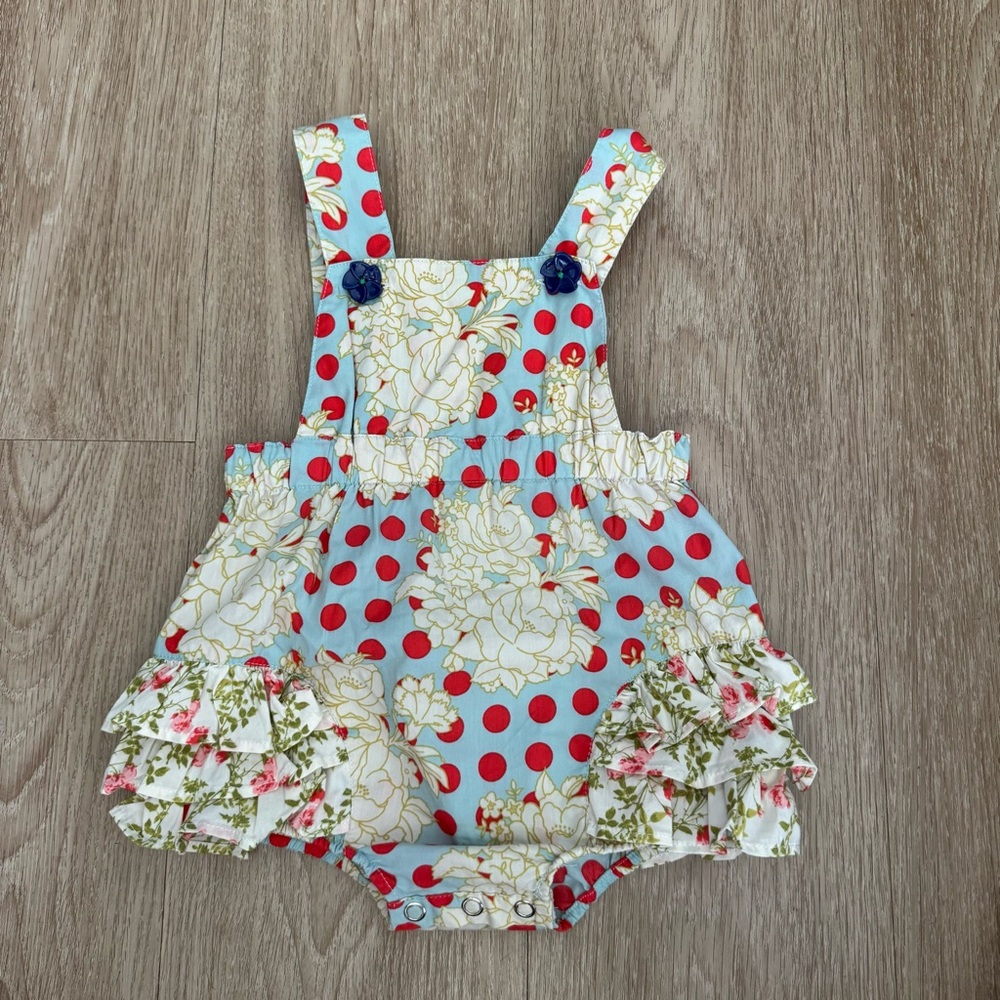 Matilda Jane Girls Light Blue Floral & Red Dot Ruffle One-Piece